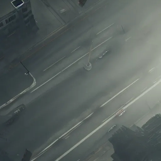 Image similar to overhead view of foggy streets in style of silent hill one, realistic, detailed, 4 k