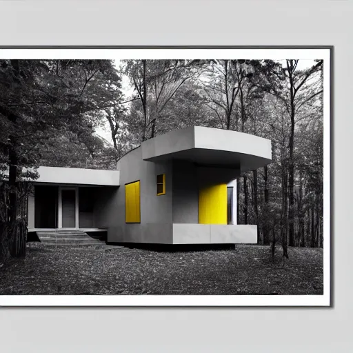 Image similar to architecture ad for a mid-century modern house in the middle of the forrest, designed by Frank Gehry. Film grain, cinematic, grayscale, yellow hue