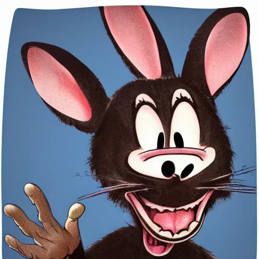 Image similar to A extremely highly detailed majestic hi-res beautiful, highly detailed head and shoulders portrait of a scary terrifying, horrifying, creepy goofy black cartoon rabbit with scary big eyes, earing a shirt laughing, hey buddy, let's be friends, in the style of Walt Disney