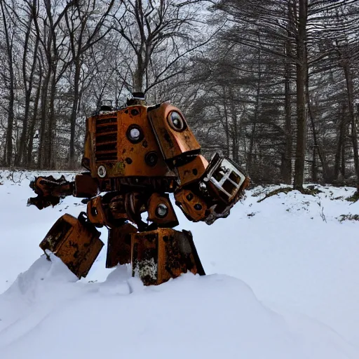 Prompt: rusted out mech in the woods covered in snow