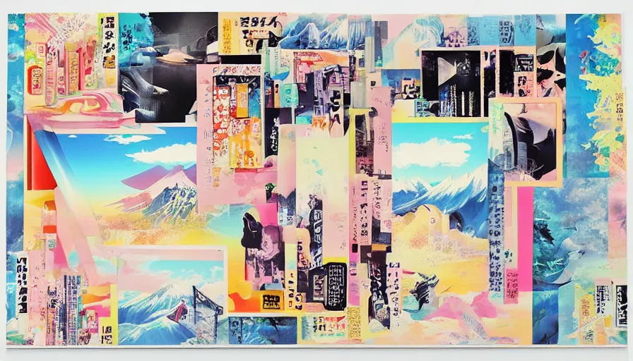 Prompt: Japan Travel Scrapbook, modern contemporary motion graphic design title background with a white acrylic base coat, acrylic airbrush collage-painting by Jules Julien and Lisa Frank, muted colors with predominant white background minimalism, neon color mixed media painterly details, neo-classical composition, rule of thirds, design tension, impactful graphic design