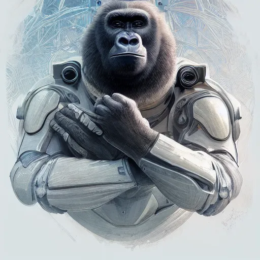 Image similar to detailed science - fiction character portrait of a silverback gorilla wearing a white armored space suit, intricate, wild, highly detailed, digital painting, artstation, concept art, smooth, sharp focus, illustration, art by artgerm and greg rutkowski and alphonse mucha