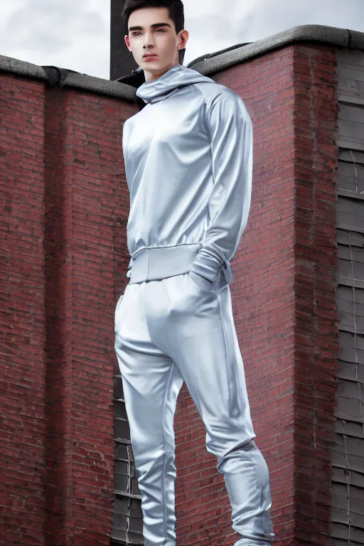 Image similar to un ultra high definition studio quality photographic art portrait of a young man standing on the rooftop of a british apartment building wearing soft padded silver pearlescent clothing. three point light. extremely detailed. golden ratio, ray tracing, volumetric light, shallow depth of field. set dressed.