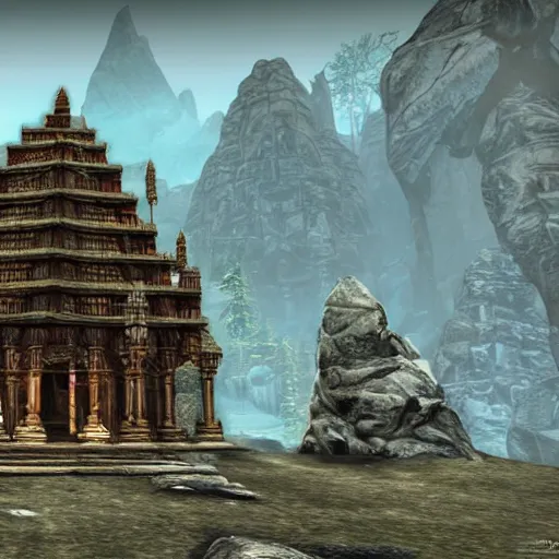 Prompt: an ancient crystal Indian temple in the style of skyrim by Bethesda Game studios