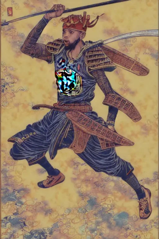 Image similar to poster of stephen curry as a samurai, wearing han - era armor, by yoichi hatakenaka, masamune shirow, josan gonzales and dan mumford, ayami kojima, takato yamamoto, barclay shaw, karol bak, yukito kishiro