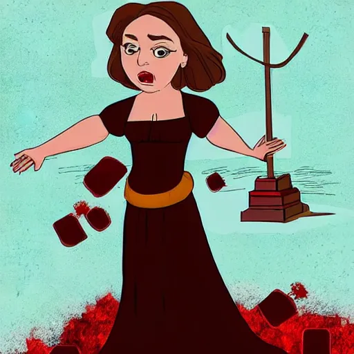 Image similar to rachel bloom as an animated princess looking at a statue of christ covered in bloody severed thief hands in a medieval world with lots of disease and cruelty, digital art