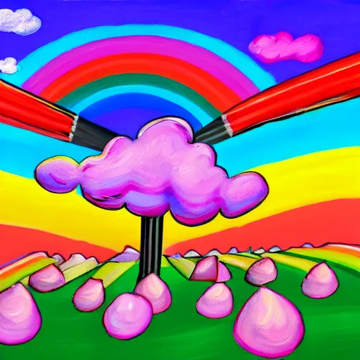 Image similar to a beautiful painting of a giant field made of cotton candy, a marshmallow shaped as a housed with a whipped cream as roof and candies as windows and lollipop as chimney, very colorful rainbow , saturated color , kid dream , 4K , warm , delicious ,sweet , maded by peter max