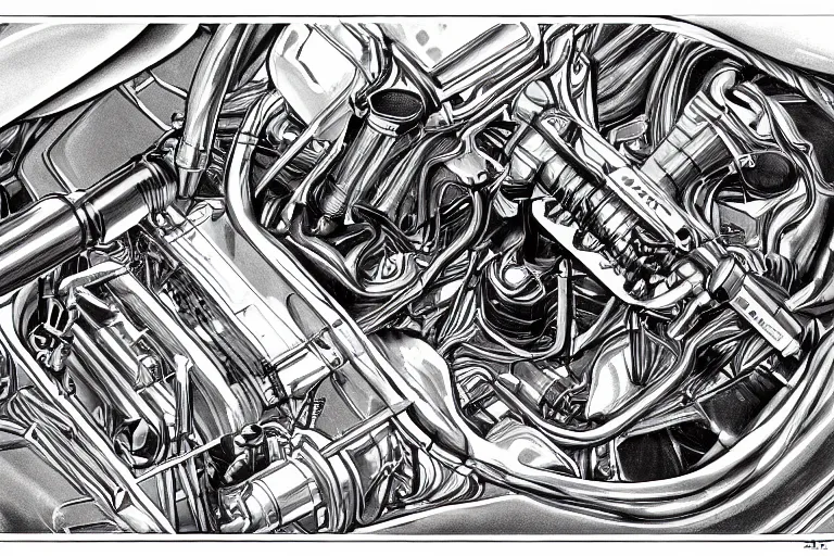 Prompt: f1 engine cutaway illustration by jean giraud moebius engineering black and white chrome