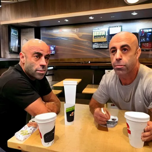 Image similar to joe rogan eating at a macdonalds restaurant