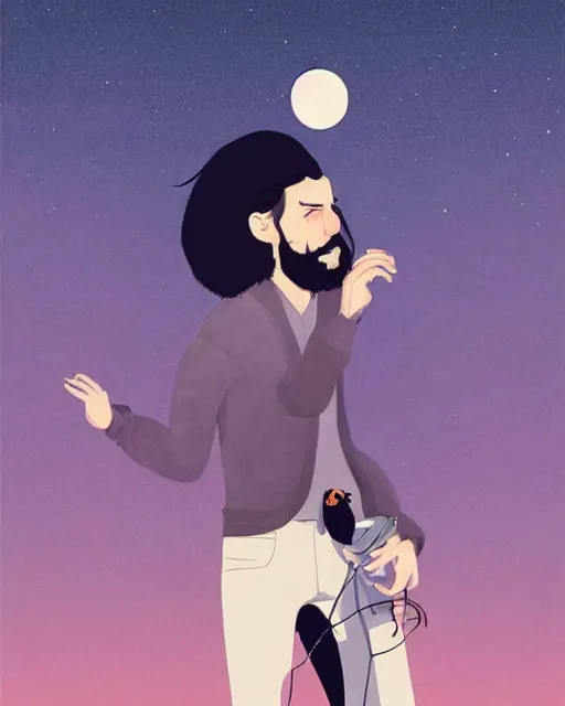 Image similar to portrait of a man with long black hair and beard holding his imaginary bird friend in his hands, full moon in the background, fine portrait, beautiful, realistic, by tomer hanuka