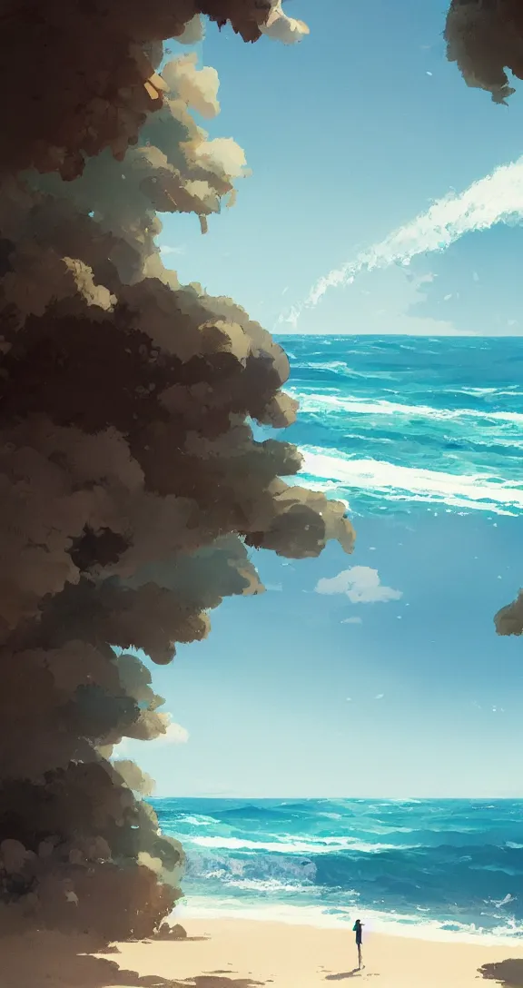 Image similar to Looking out at the waves, lots of ocean, uncluttered, tropical, bright, simple, by Studio Ghibli and Greg Rutkowski, artstation