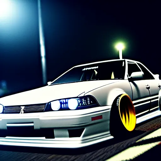 Prompt: a car JZX100 twin turbo drift at illegal car meet, Shibuya prefecture city midnight mist lights cinematic lighting photorealistic highly detailed wheels, high detail