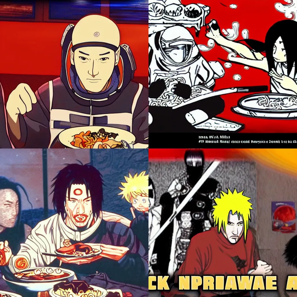 Prompt: Keanu Reeves space ninja eating Ramen with Naruto black and white by Giger and Moebius 4K on Cartoon Network