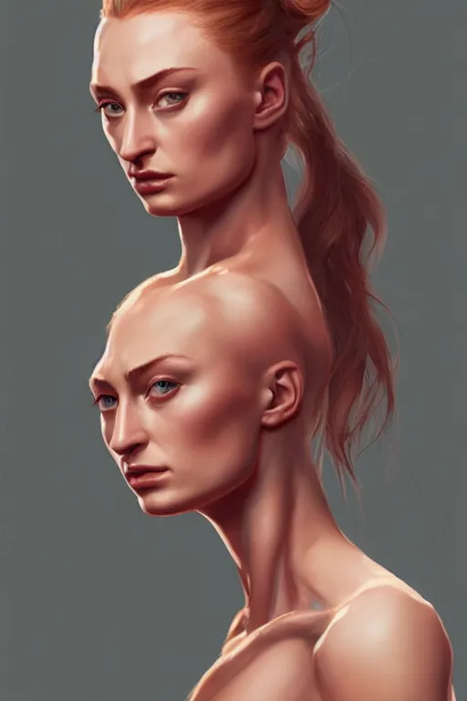 Image similar to Sophie Turner with a ponytail, anatomy, only two hands, highly detailed, digital painting, artstation, concept art, smooth, sharp focus, illustration, Unreal Engine 5, 8K, art by art by artgerm and greg rutkowski and edgar maxence