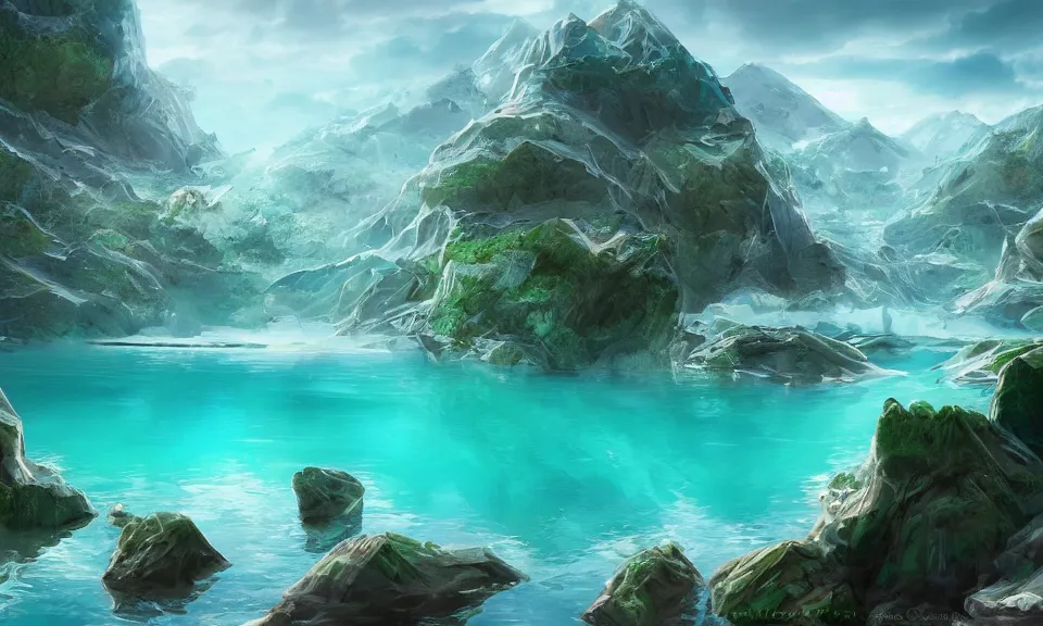 Image similar to crystalline turquoise lake, digital art, concept art, fantasy art, highly detailed, hd wallpaper, hdr, artstation, deviantart, behance