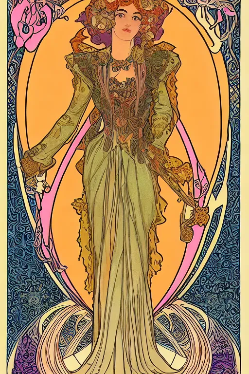 Image similar to full length painting of princess - peach!!!!!!! art nouveau, tarot card by mucha, gaudy colors, sharp edges, intricate line - work.