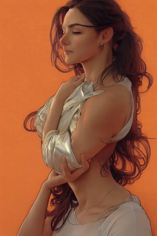 Image similar to portrait of tinfoil hat man in orange t - shirt behind his wife, feelings, romantic, fantasy, intricate, elegant, highly detailed, digital painting, artstation, concept art, smooth, sharp focus, illustration, art by artgerm and greg rutkowski and alphonse mucha