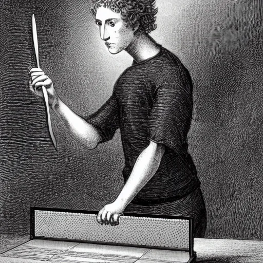 Image similar to portrait of a mark zuckerberg playing ping pong, gothic, cat eyes, hair waving in the wind, high detail, illustration by gustav dore