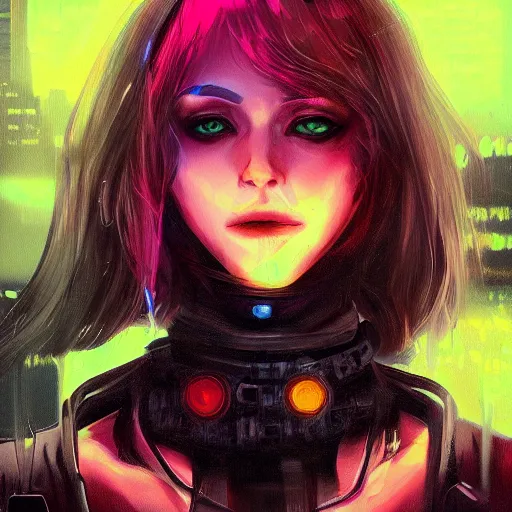 Image similar to headshot artwork of cyberpunk woman wearing thick black choker, collar on neck, realistic, artstation, neon,