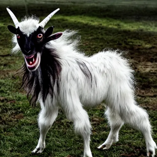 Image similar to horror, screeching mutant goat monster with big sharp teeth and filthy white matted fur