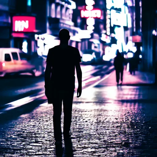 Prompt: silhouette of man smoking cigarette on busy city street, nighttime, neon colors, beautiful photography, 8K