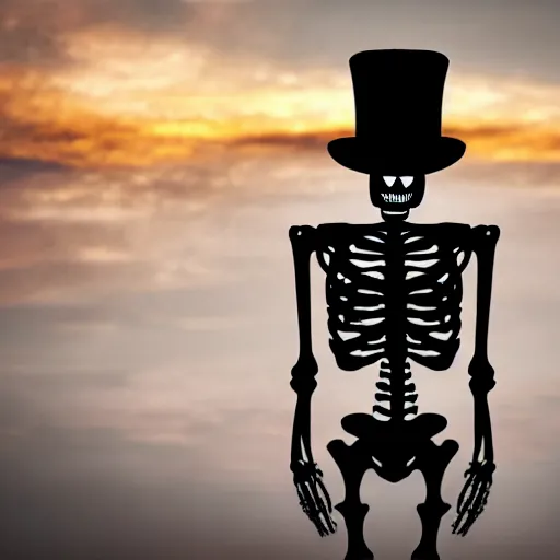 Image similar to Photograph of skeleton wearing a suit and top hat at sunset. cinematic, hyper realism, high detail