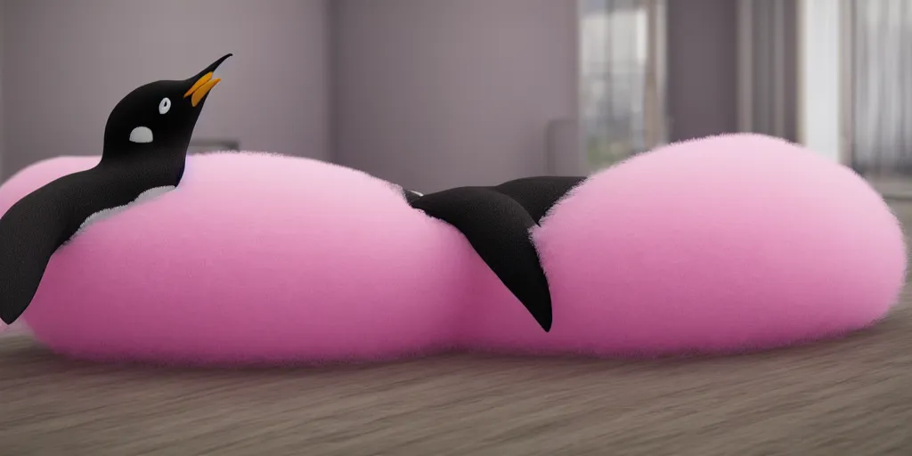 Image similar to realistic penguin in an pink fluffy bed, unreal 5