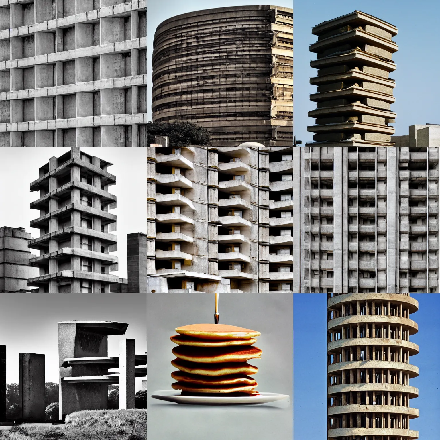 Prompt: a stack of pancakes, brutalism, brutalist architecture