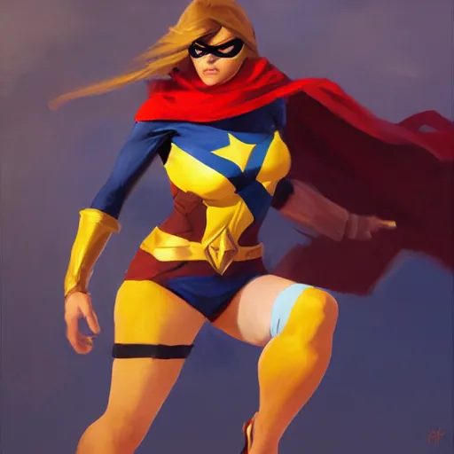 Image similar to greg manchess portrait painting of ms. marvel as overwatch character, medium shot, asymmetrical, profile picture, organic painting, sunny day, matte painting, bold shapes, hard edges, street art, trending on artstation, by huang guangjian and gil elvgren and sachin teng