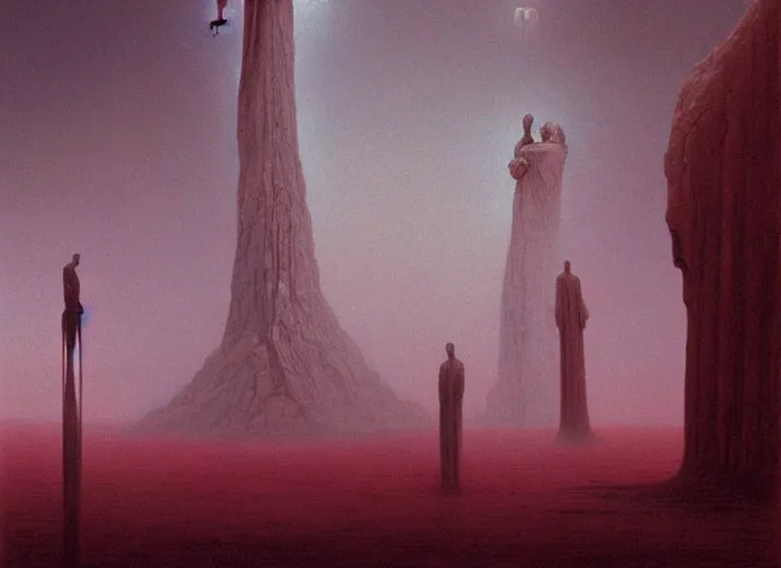 Image similar to painting of omniscient tall statues of gods towering above a hopeless person, by zdzislaw beksinski, by dariusz zawadzki, by wayne barlowe, gothic, surrealism, cosmic horror, lovecraftian, cold hue's, warm tone gradient background, concept art, beautiful composition