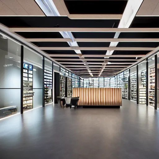 Prompt: interior photography of a Microsoft Samsung flagship store, black walls, geometrical textures, wood, features, eye-catching, polished concrete, spotlights, plant wall, water feature, neon, award winning interior design, patterns, retaildesignblog, dezeen, 14mm, 8k, cinestill, pentax, film