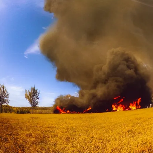 Image similar to fisheye skate video style photo of a burning building in an empty field, yellow red tones, hyper realistic, wide, wheat blowing in the wind