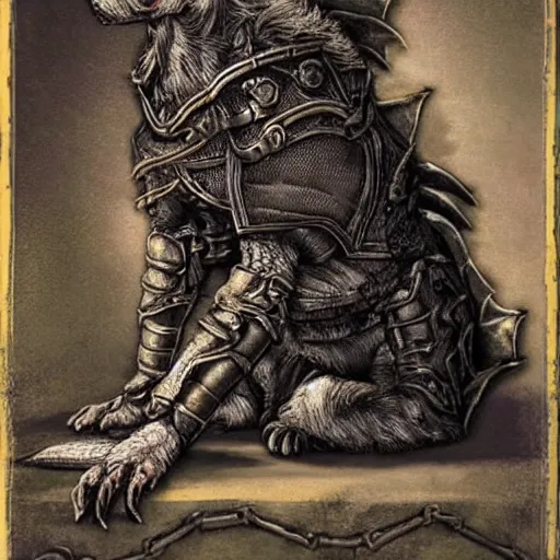 Image similar to three - ply portrait death dog dark souls in armor made of polished dragon bones looks relaxed, quantum physics, victorian era