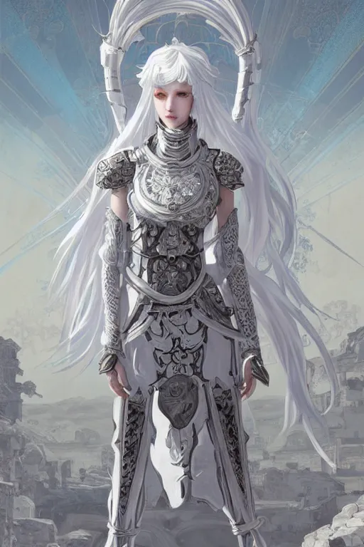 Image similar to portrait white hair knights of zodiac girl, matt white ice color armor, in ruined agora of athens, ssci - fi and fantasy, intricate and very very beautiful and elegant, highly detailed, digital painting, artstation, concept art, frostbite engine, smooth and sharp focus, illustration, art by tian zi and wlop and alphonse mucha and ilya kuvshinov