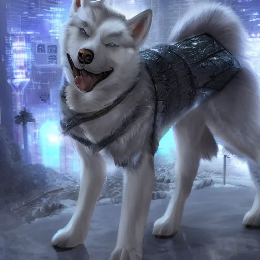 Image similar to /imagine prompt: white building barrack siberian anthro husky warrior with crusade armor and blue torus cyberpunk, cinematic light, cinematic epic ,octane 4k, 8k, detailed, ultra realistic, anime., centered