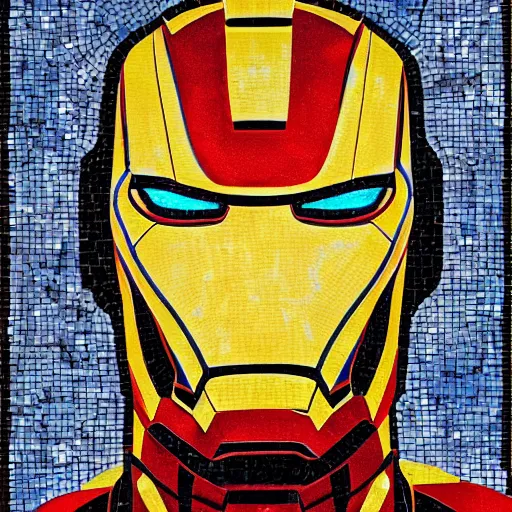 Image similar to mosaic portrait of iron man with robot ears by Saimir Strati, 4k, intricate details, fire in the background