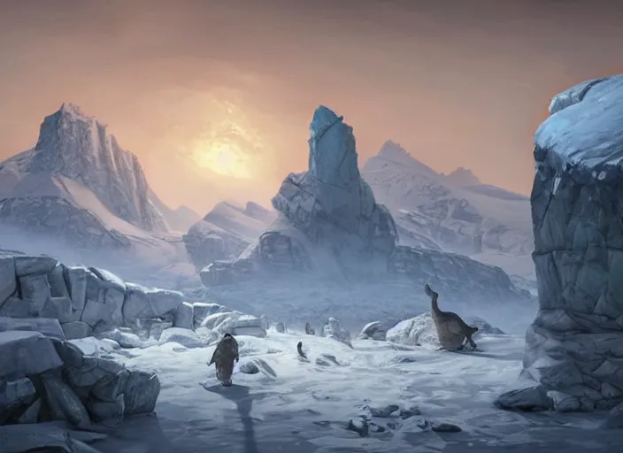 Prompt: historical depiction of paleolithic antarctica when dinosaurs reigned, in the style of greg rutkowski, giorgio vasari, digital painting, unreal engine, extremely detailed masterpiece, volumetric lighting