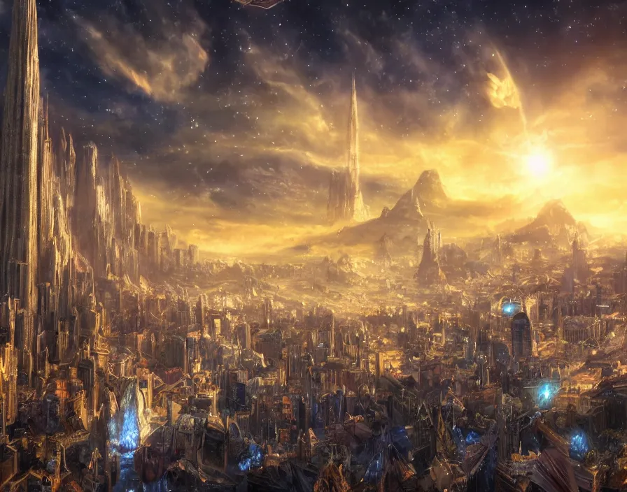 Image similar to city with crystals, fantasy artwork, very beautiful scenery, sky is made up of cosmic stars, hd, hdr, ue 5, ue 6, unreal engine 5, cinematic 4 k wallpaper, 8 k, ultra detailed, by popular digital, details, beautiful image ever created, high resolution, artstation, award winning