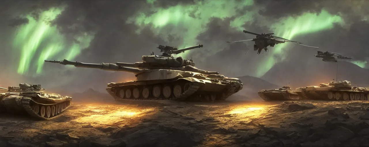 Prompt: main battle tank with double barrel shooting electric and helicopter at war, in the ancient abandoned city epic scene, volumetric lighting futuristic, intricate, highly detailed, digital painting, artstation, concept art, cinematic, smooth, sharp focus, illustration, aurora borealis, unreal engine 5, 8 k, art by artgerm and greg rutkowski and alphonse mucha