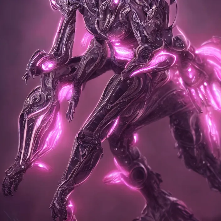 Image similar to highly detailed exquisite fanart, of a beautiful female warframe, but as an anthropomorphic robot dragon, shiny white silver armor engraved, Fuchsia skin beneath the armor, sharp claws, long tail, robot dragon hands and feet, elegant pose, close-up shot, full body shot, epic cinematic shot, professional digital art, high end digital art, singular, realistic, DeviantArt, artstation, Furaffinity, 8k HD render