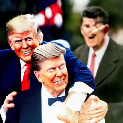 Image similar to trump getting a piggy - back ride from ronald reagan