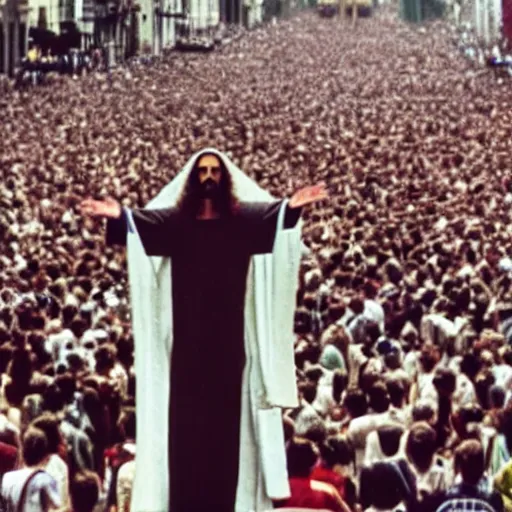 Prompt: jesus at the love parade