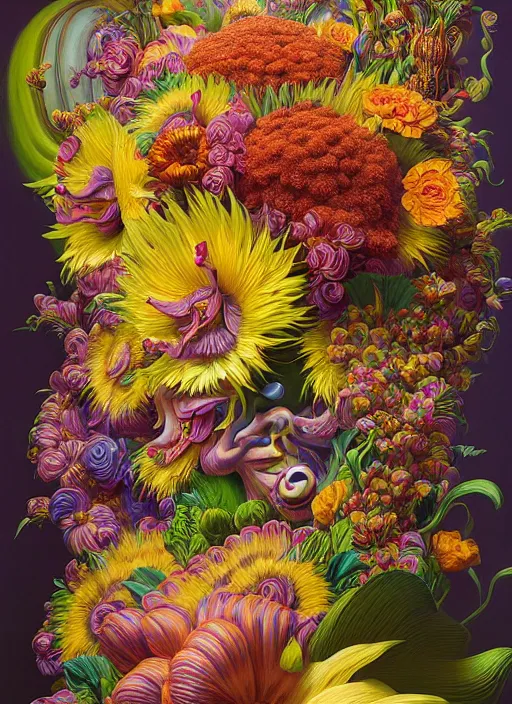 Prompt: hyper detailed illustration like a Oil painting - a vivid exotic flower bouquet, long petals, huge blossoms, by Jacek Yerka, Mariusz Lewandowski, Houdini algorithmic generative render, long brush strokes, Masterpiece, Edward Hopper and James Gilleard, Zdzislaw Beksinski, Mark Ryden, Wolfgang Lettl, hints of Yayoi Kasuma, octane render, 8k