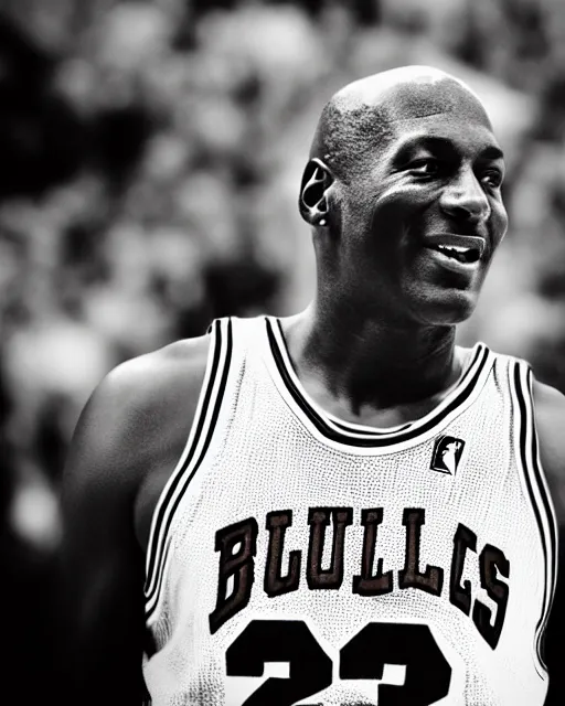 Prompt: photograph of michael jordan in a chicago bulls uniform, in the styles of cameron look, andrew bernstein, and ansel adams. monochrome hdr, intense face, accurate facial details