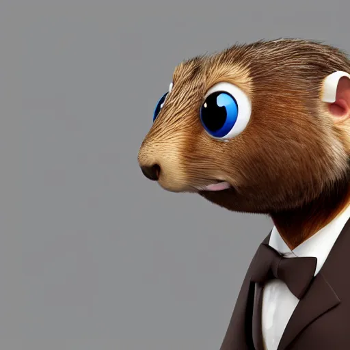 Prompt: brown marmot in a tuxedo while holding a pencil looks to the camera, pixar character, digital art, 3 d rendered in octane, blender, maya, shadows, lighting, cute