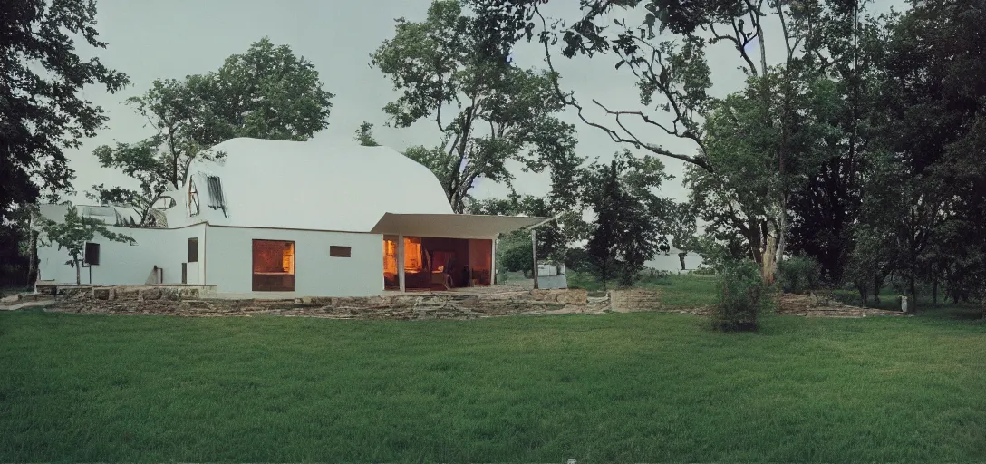 Prompt: farmhouse designed by buckminster fuller. landscape design by salvador dali. fujinon premista 1 9 - 4 5 mm t 2. 9. portra 8 0 0.