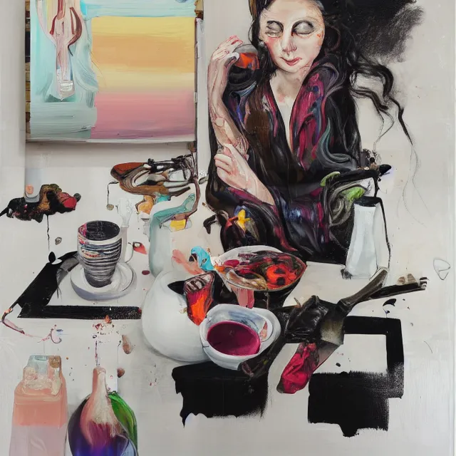 Image similar to sensual, a portrait in a female art student's bedroom, black walls, a woman drinking coffee, pancakes, maple syrup dripping, chocolate, surgical supplies, ikebana, octopus, neo - expressionism, surrealism, acrylic and spray paint and oilstick on canvas