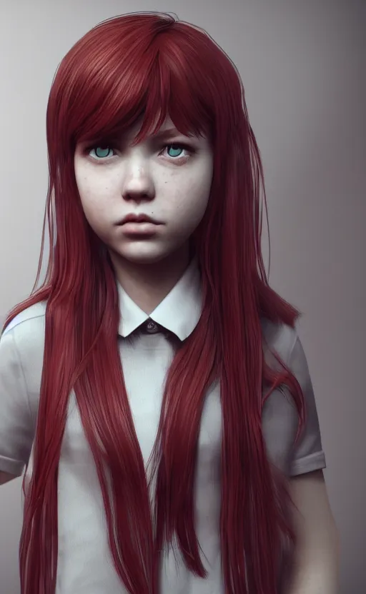 Prompt: school girl portrait, red hair, gloomy and foggy atmosphere, octane render, cgsociety, artstation trending, horror scene, highly detailded
