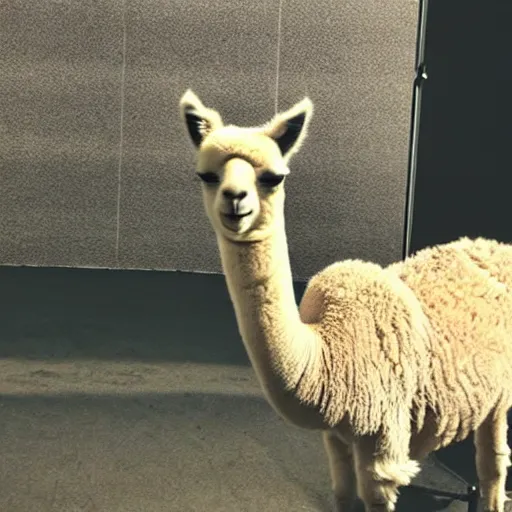Prompt: security camera footage of an alpaca in a parking garage