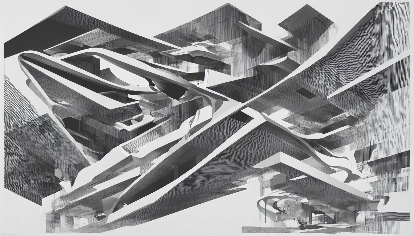 Prompt: impossible architectural by zaha hadid, a screenprint by robert rauschenberg, behance contest winner, deconstructivism, da vinci, constructivism, greeble